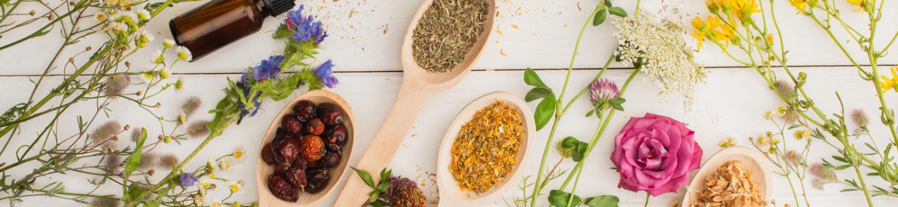 Herbes sur cuillères en bois, fleurs et bouteille, concept de naturopathie